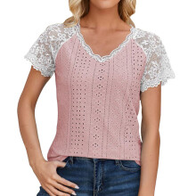 Women V-Neck Summer Tops Lace Short Sleeve-leather pink XXL