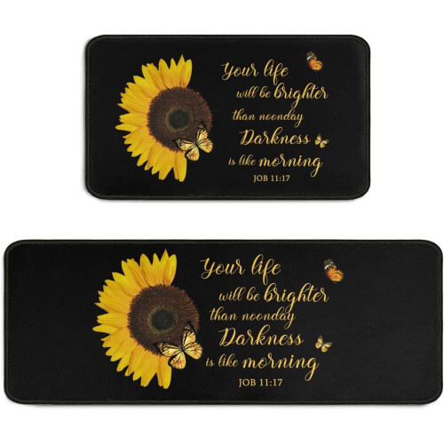Sunflower Bible Verse Kitchen Rug Set Black 2 pcs