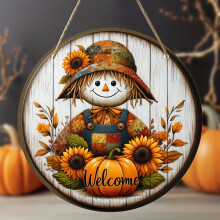 Letrero de madera para puerta con diseño de otoño, girasol y calabaza, 8x8 pulgadas.