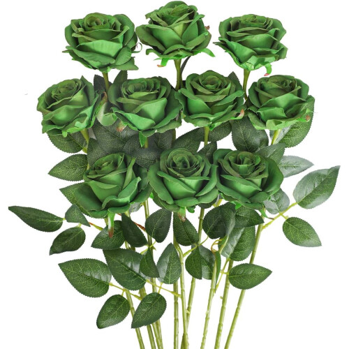10 rose nere realistiche in seta con stelo