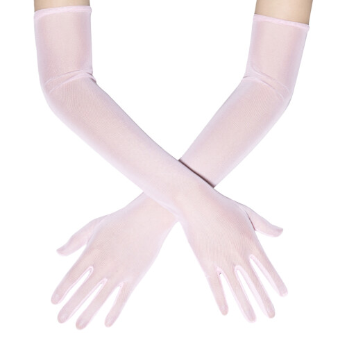 Women Stretch Gloves 55cm Long Soft Polyester Seethrough-pink