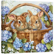 Tableau sur toile avec lapin et fleurs bleues