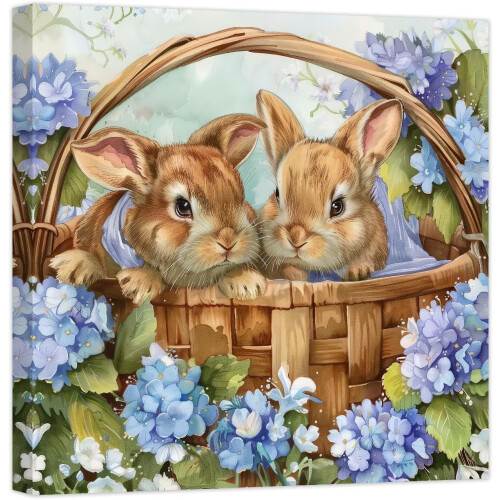 Tableau sur toile avec lapin et fleurs bleues