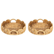 2X Scalloped Round Tray, Round Serving Tray with Built-in Handles, Decoratve Tray for Coffee Table, Rattan Tray