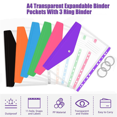 36 Pcs A4 Binder Pocket Expandable Envelopes Clear Plastic Envelopes for Ring Binder Folder, Snap Button 1
