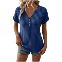 Women's Short-Sleeve Ribbed Knit Summer V-Neck-Navy Blue XXL
