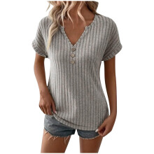 Women's Short-Sleeve Ribbed Knit Summer V-Neck-silver gray M