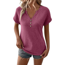 Women's Short-Sleeve Ribbed Knit Summer V-Neck-Fuchsia L