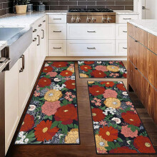 Floral Kitchen Rugs Set of 3 Vintage Black Non-Skid