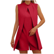 Women's jumpsuit with front slit, high neck, casual-Red XXL