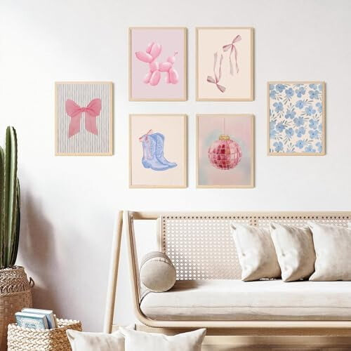 Blå og lyserøde preppy vægprints sæt med 6 1