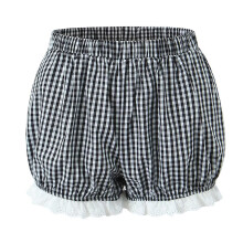 Women Gingham Pajamas Shorts With Elegant Ruffled Lace-Gray M