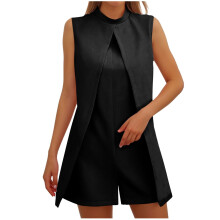 Women's jumpsuit with front slit, high neck, casual-Black M