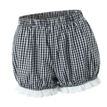 Womens Plaids Print Lounges Mini Shorts Ruffled Lace-Gray S