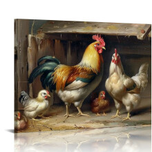 Canvas wanddecoratie met haan, hen en kuikens