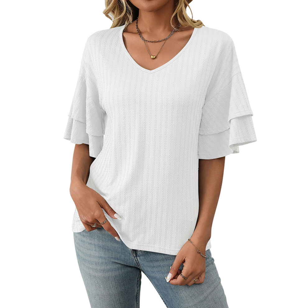 White Ruffled Sleeve Blouses, V-Neck, Casual, Sleeve, - Xl