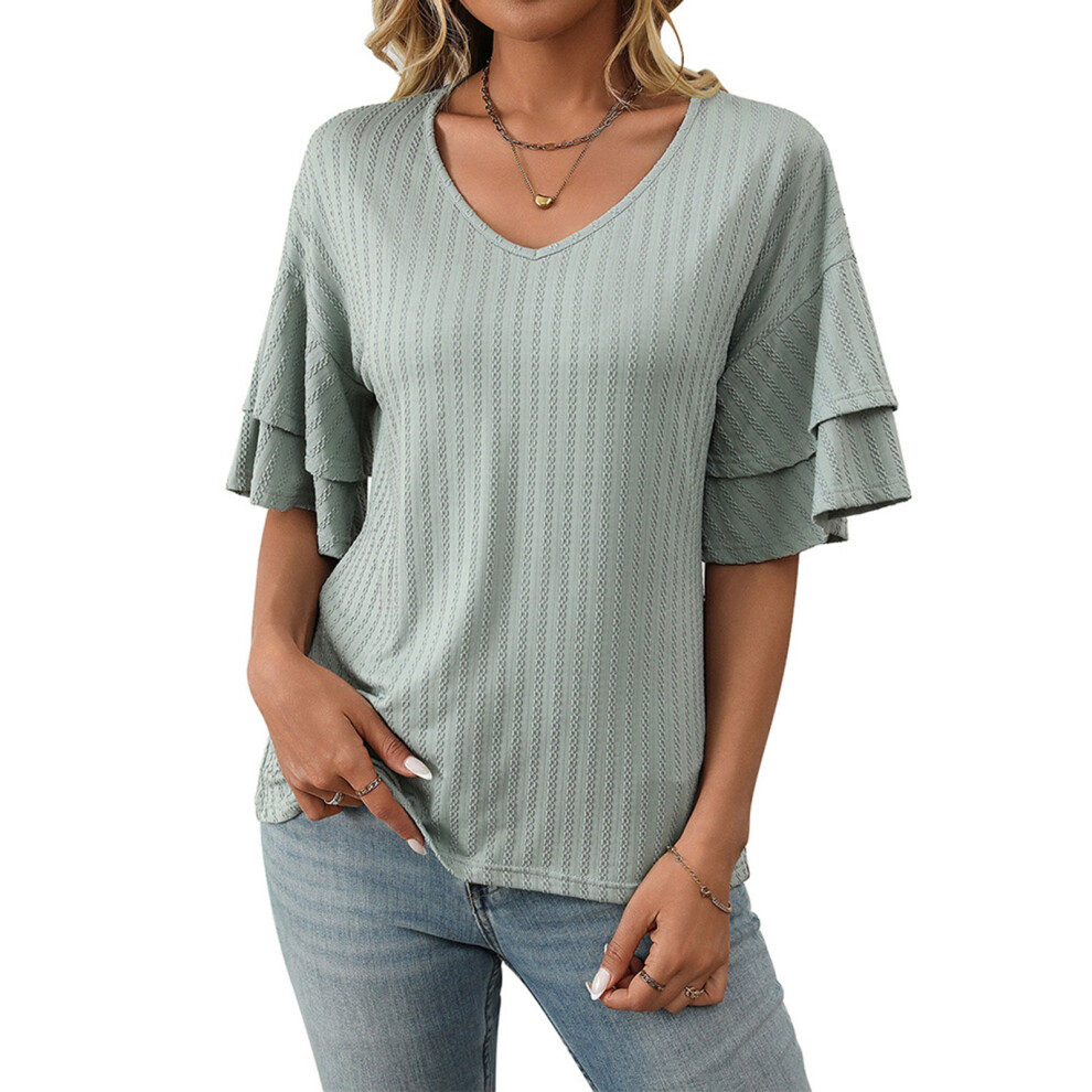 Green Ruffled Sleeve Blouses, V-Neck, Casual, Sleeve, -Bean S