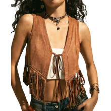 Women's 70s Hippie Outfit Fringe Vest Faux Suedes Tassels-M