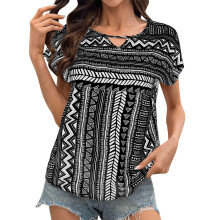 Women's Vintage Print Short Sleeve Tops Dressy Casual-Black S