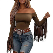 Women's Off Shoulder Fringe T-Shirt Long Sleeve-L light brown