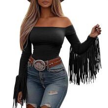 Women's Long Sleeve Stretch Off Shoulder Crop Top-L Black