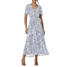 Long Flowy Floral Dresses for Women Short Sleeve-light gray XXL