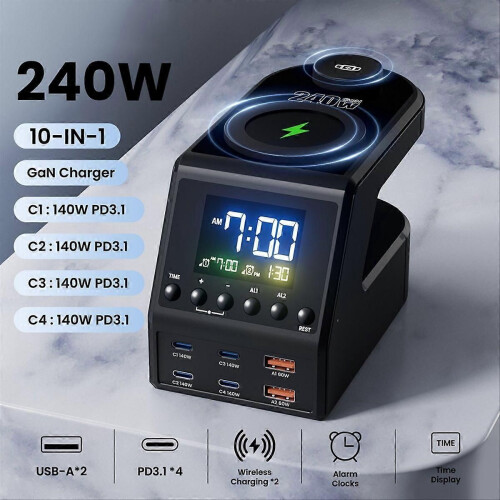Σταθμός φόρτισης GaN 240W με ένδειξη ώρας και ξυπνητήρι 4x140W (EU) 1