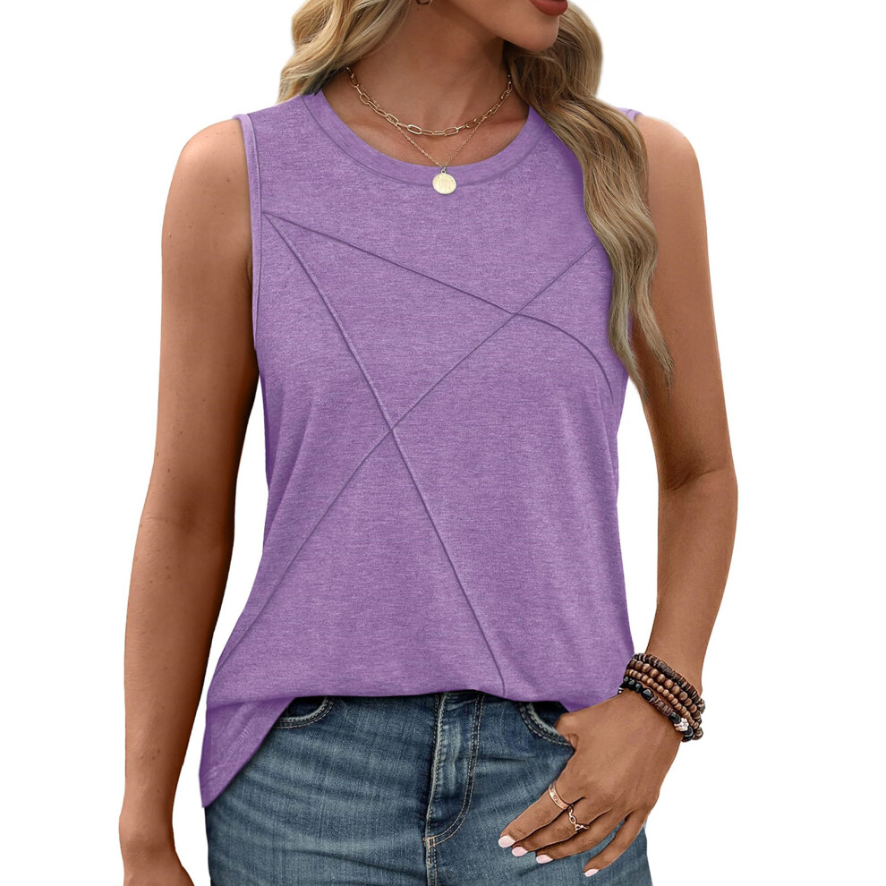 Purple Tops For Women Loose Fit Crewneck Casual Sleeveless- S