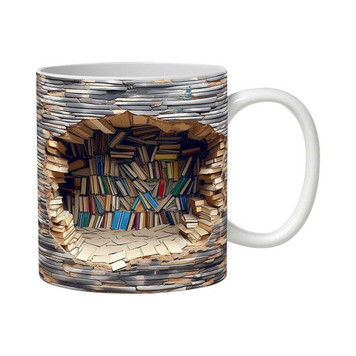 3D Bookshelf Mug White Ceramic 11oz