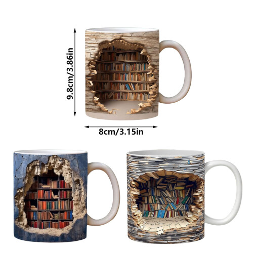 3D Bookshelf Mug White Ceramic 11oz 2