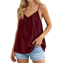 Womens Spaghetti Strap Tank Top V Neck Loose Casual-Claret XXL