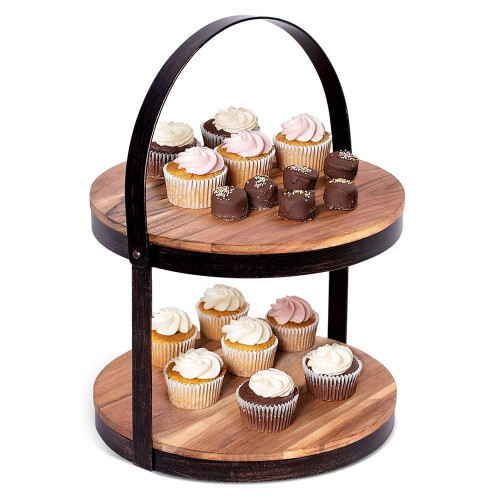 Suporte de madeira para cupcakes de 2 andares com alça ajustável.