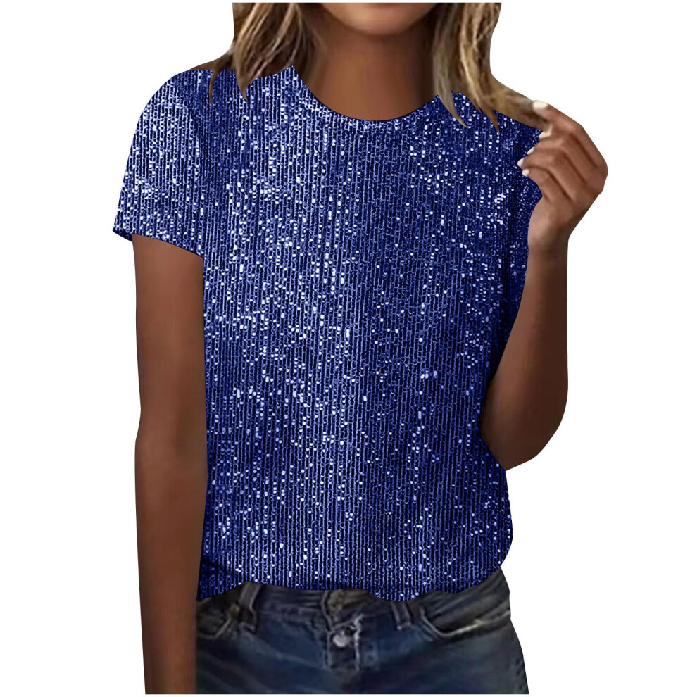 Tops Solid Color for Women Glitter Short Sleeve-dark blue XL
