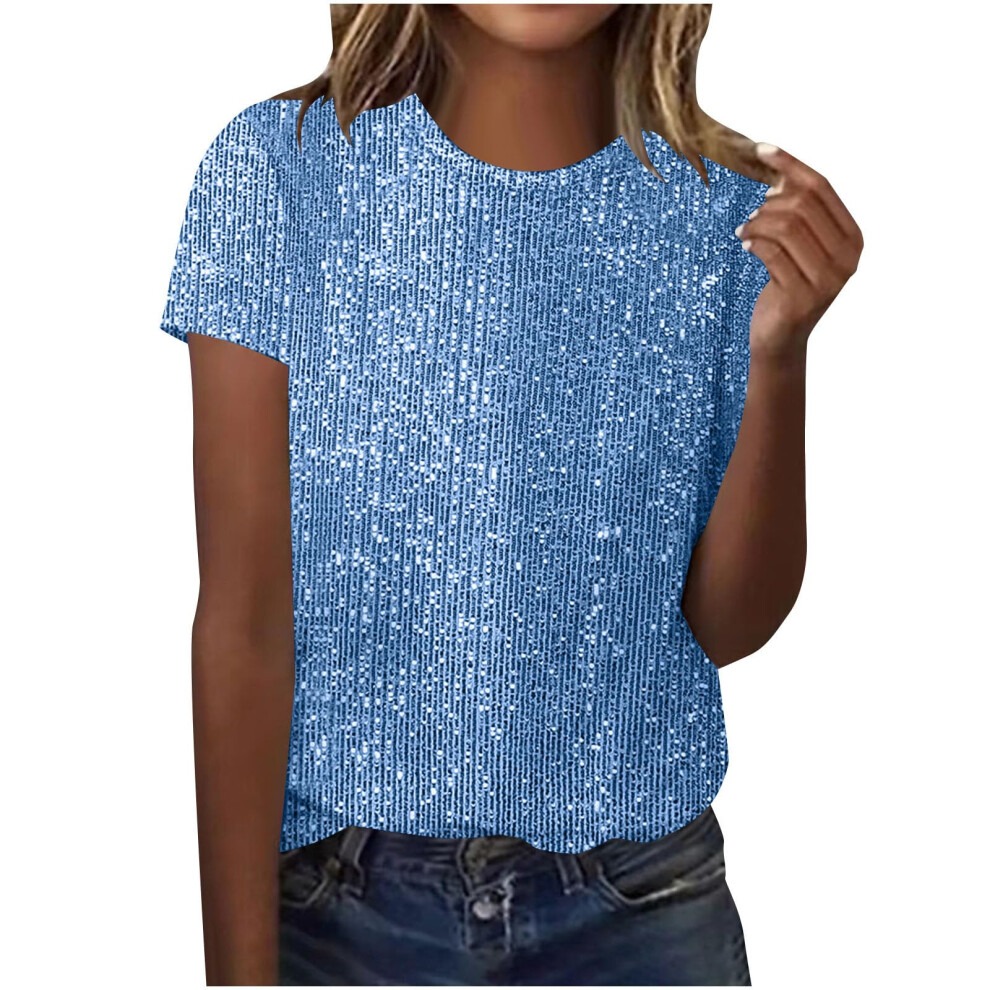 Tops Solid Color for Women Glitter Short Sleeve-light blue XXL