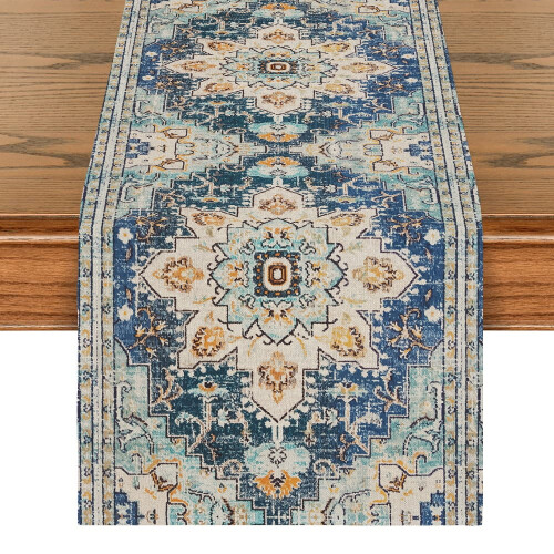 Boho tafelloper oranje/blauw 13x72 inch 1