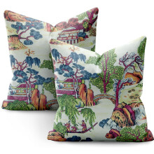 Capa de almofada listrada em estilo Chinoiserie, 45x45 cm (18x18 polegadas)