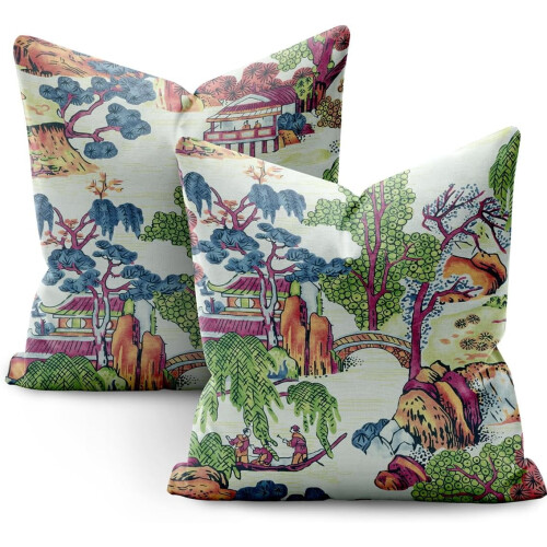 Capa de almofada listrada em estilo Chinoiserie, 45x45 cm (18x18 polegadas)