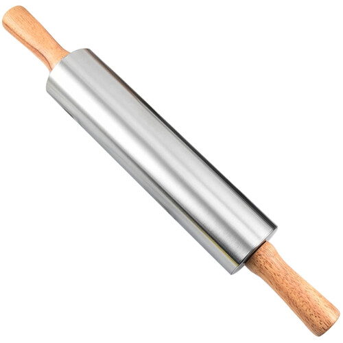 Rodillo de amasar ajustable de acero inoxidable con mango de madera