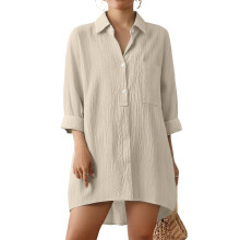 Women's Long-Sleeved Cotton Linen Length Shirt Top-Khaki XXL
