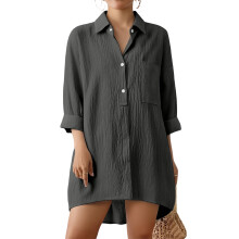 Women's Long-Sleeved Cotton Linen Length Shirt Top-Dark Grey L