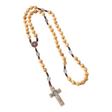 Wood Rosary Necklace With Detailed Crosses Pendant-wood color