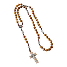 Wood Rosary Necklace With Detailed Crosses Pendant-Coffee color
