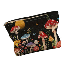 Corduroy Storage Pouch With Moon Mushroom Art And Easy Zippers-B