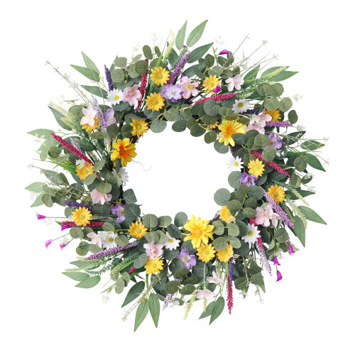 Artificial Daisy Wreath With Realistic Leaves for Front Door