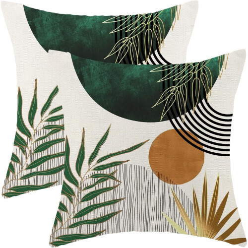 Capas de Almofada Boho Folhas Tropicais Verde e Douradas 40x40cm (Conjunto de 2)