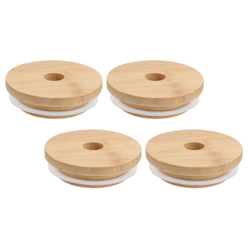Bambus-Einmachglasdeckel – 4er-Pack, Weithals, mit Strohhalm