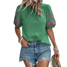 Womens Floral Embroidered Textured Tops Crewneck Puff-Green S