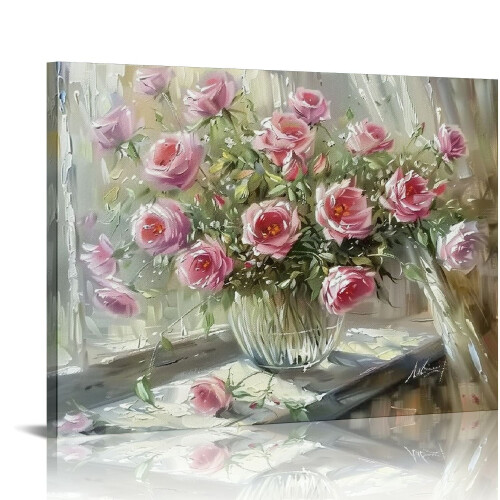 Lerretsbilde med rosa roser og peoner