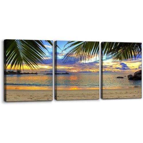 Quadro decorativo em tela com pôr do sol em ilha tropical, 30x40x8 cm (12x16x3 polegadas)