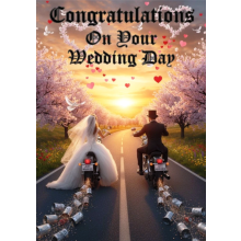 BIKER WEDDING CARD RIDING INTO THE SUNSET